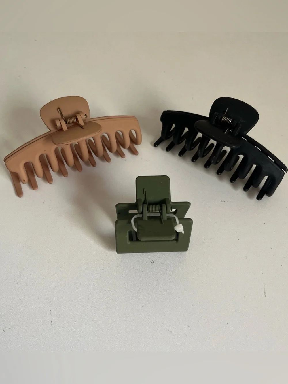 Matte Plastic Hair Claw Clips Bundle Beige Black & Olive Green Set of 3